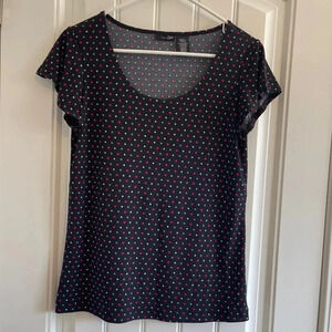 East 5th Black Scoop Neck Flutter Sleeve Blouse with Pink & White Polka Dots